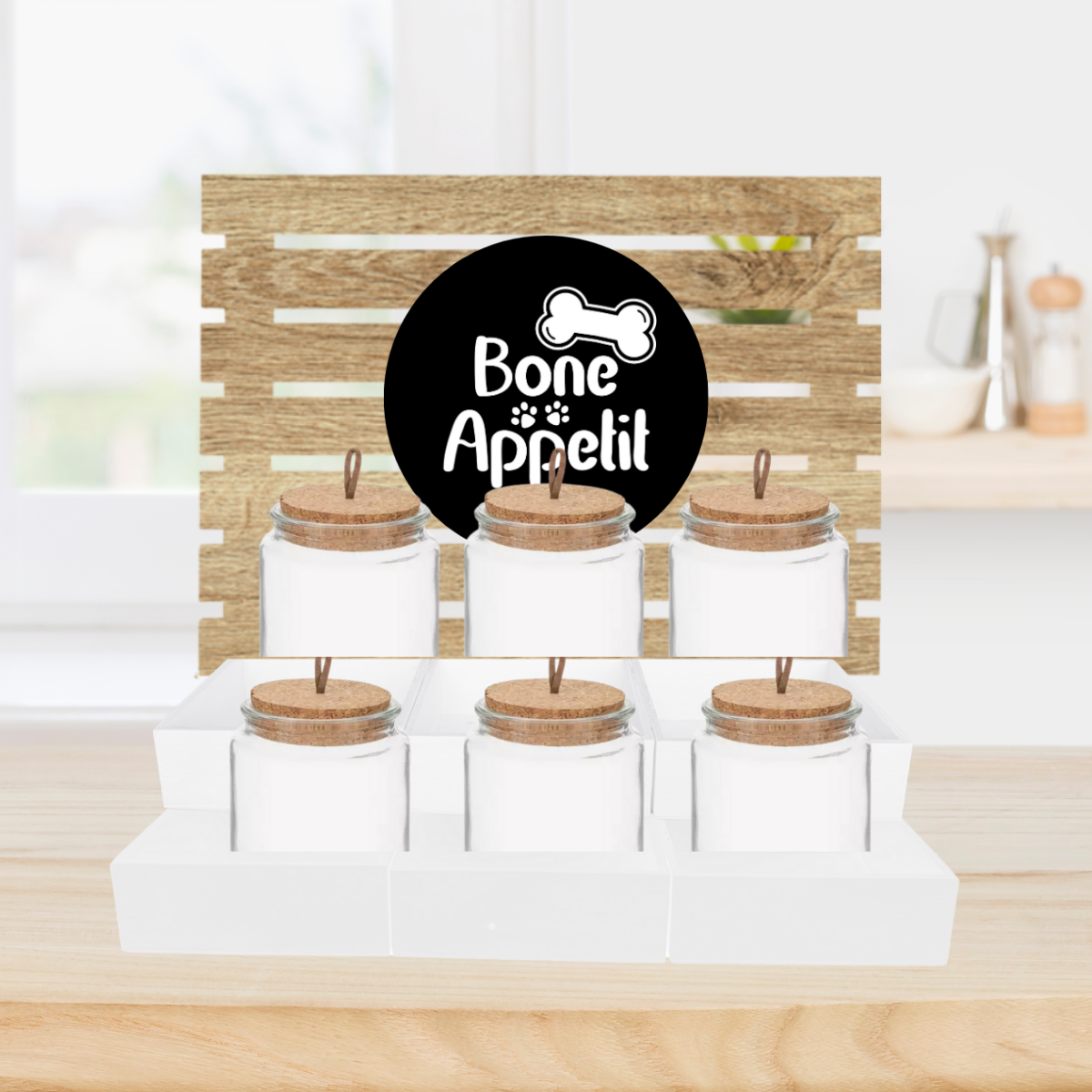 White Dog Treat Jar Bar w/ Bamboo Canisters