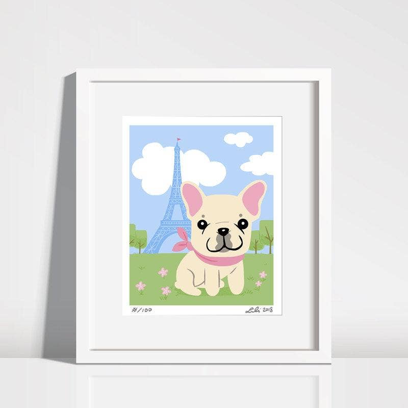 Doggie Drawings French Bulldog Puppy Eiffel Tower Art Print 8'' x 10'' - Paw Naturals