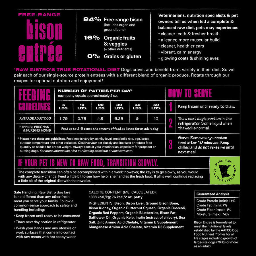 Raw Bistro Frozen Bison Entree For Dogs