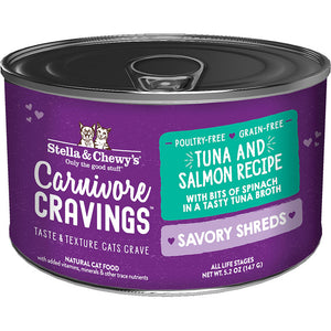 Stella & Chewy's Carnivore Cravings Savory Shreds Canned Cat Food Tuna & Salmon / 5.2oz - Paw Naturals